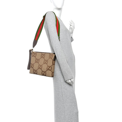 Gucci Monogram Jumbo GG Textured Dollar Calfskin Web Wristlet Messenger Bag  Camel Ebony New Acero 2 of 10