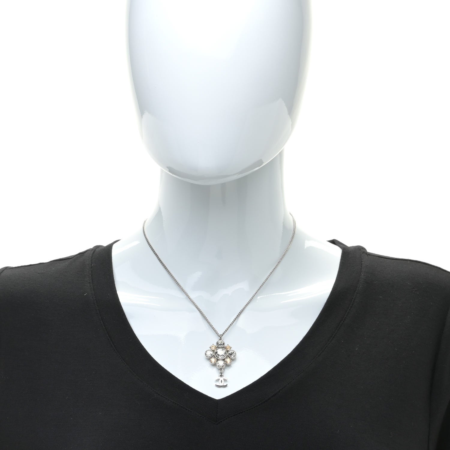 Chanel Crystal CC Drop Pendant Necklace Silver 2 of 6