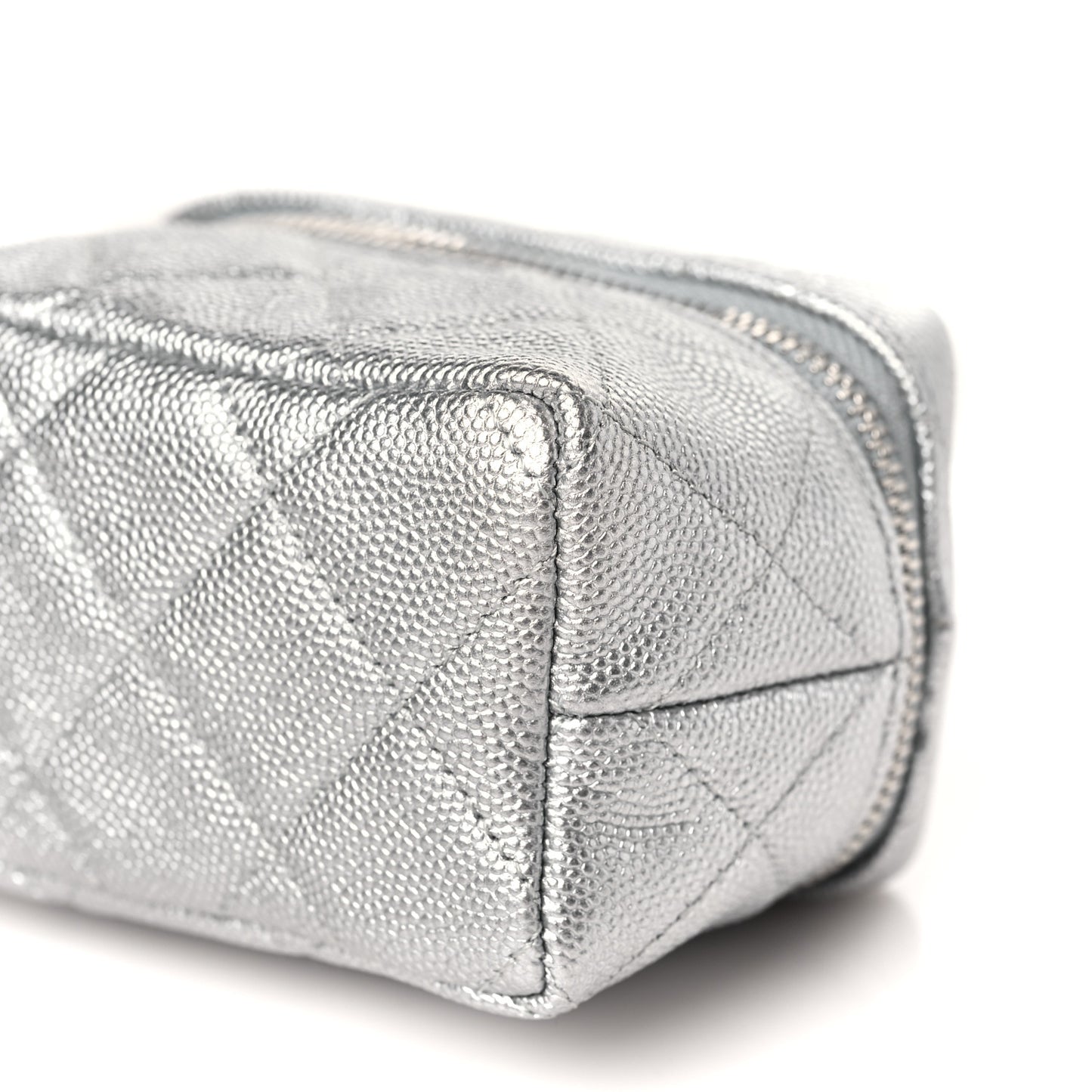 Metallic Caviar Quilted Mini Top Handle Vanity With Chain Silver