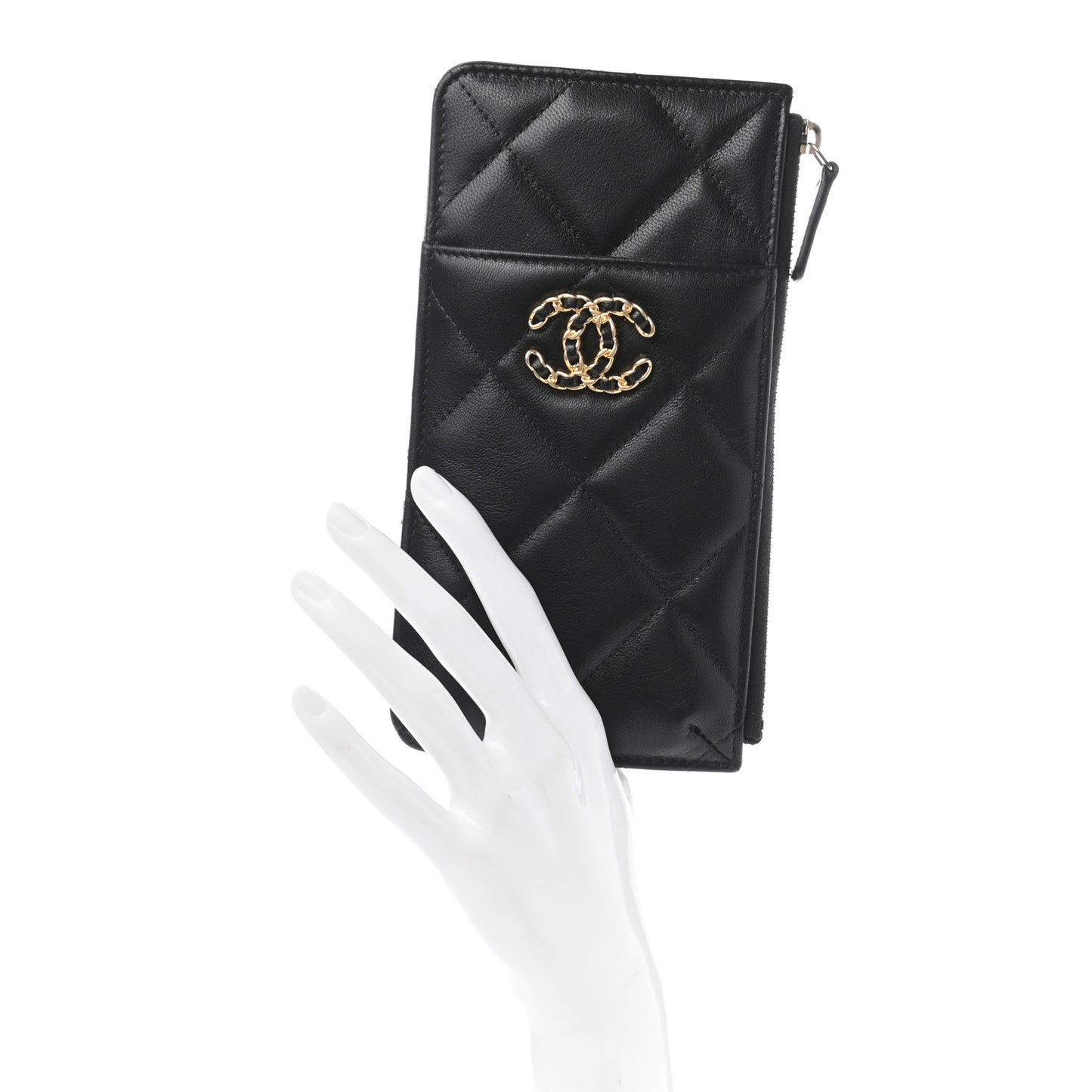 Goatskin Quilted Chanel 19 Flat Wallet Pouch Black