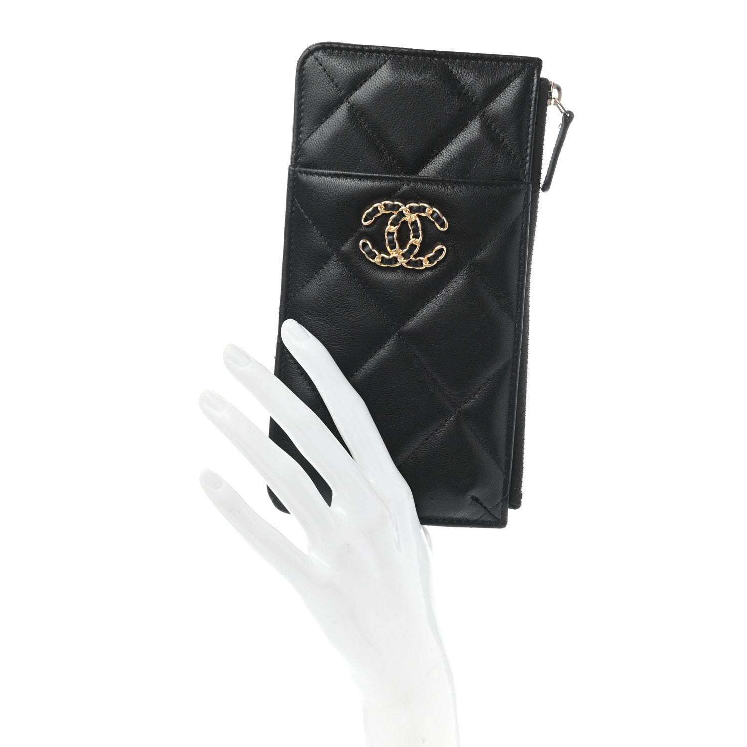 Chanel Goatskin Quilted Chanel 19 Flat Wallet Pouch Black 2 of 7