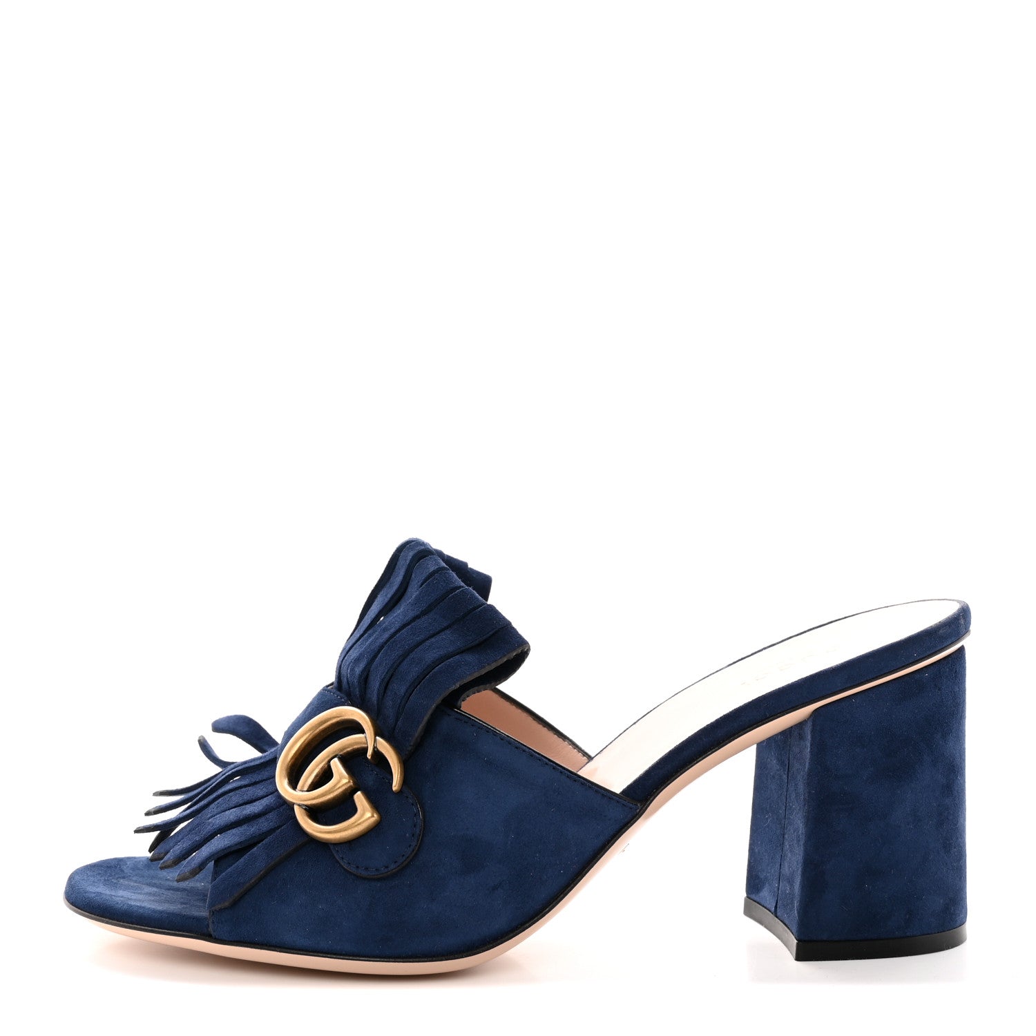 Gucci Kid Scamosciato GG Marmont Fringe 75mm Slide Sandals 41.5 Blue Ink 1 of 13