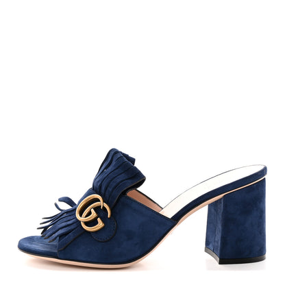 Gucci Kid Scamosciato GG Marmont Fringe 75mm Slide Sandals 41.5 Blue Ink 1 of 13