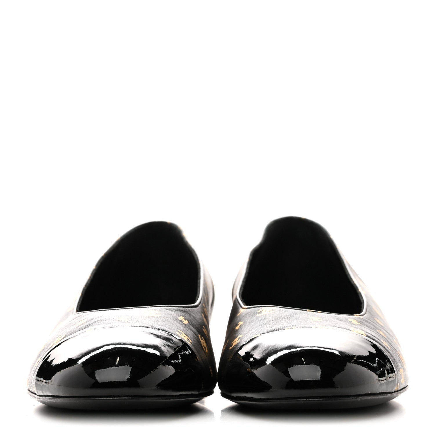 Chanel Lambskin Patent Calfskin Printed CC Cap Toe Ballerina Flats 38.5 Black Gold 3 of 10
