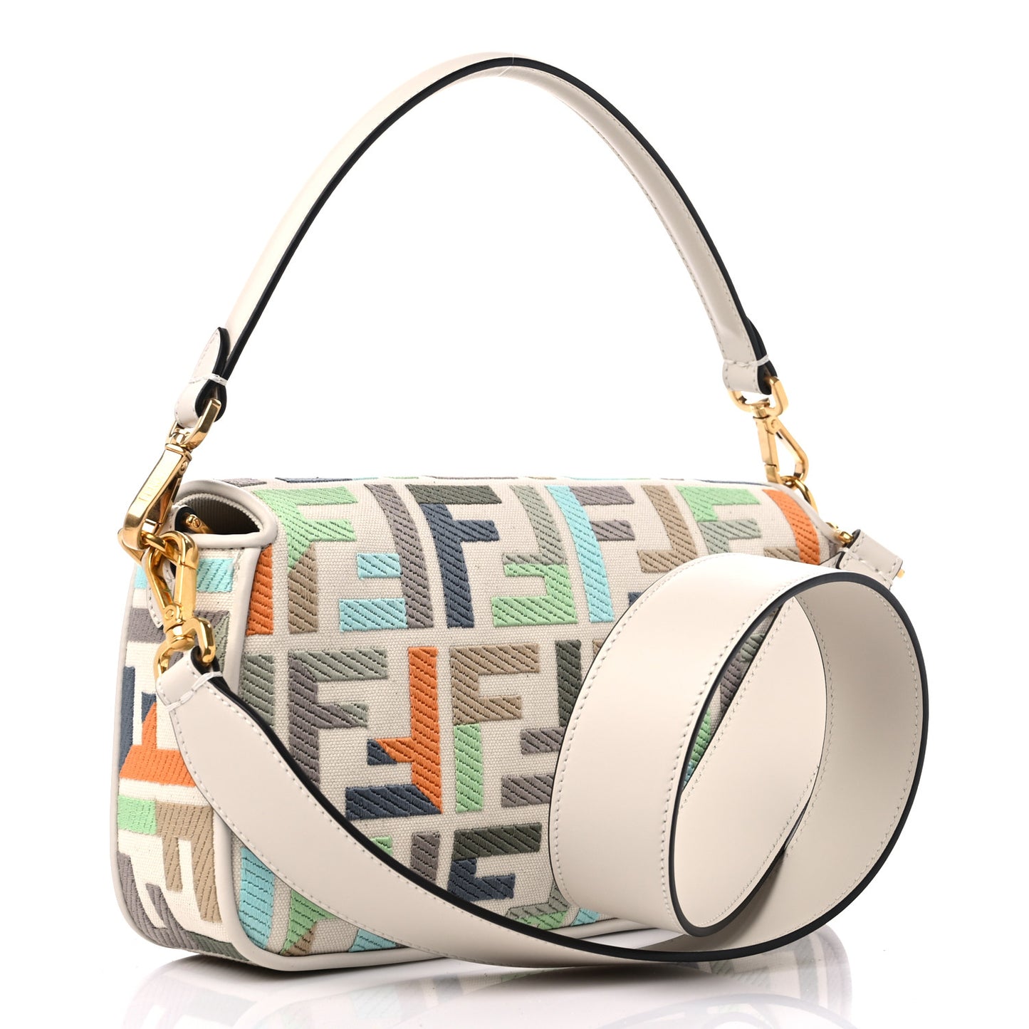 Canvas Vitello Seta FF Multicolor Embroidered Baguette Grezzo Multicolor Latte