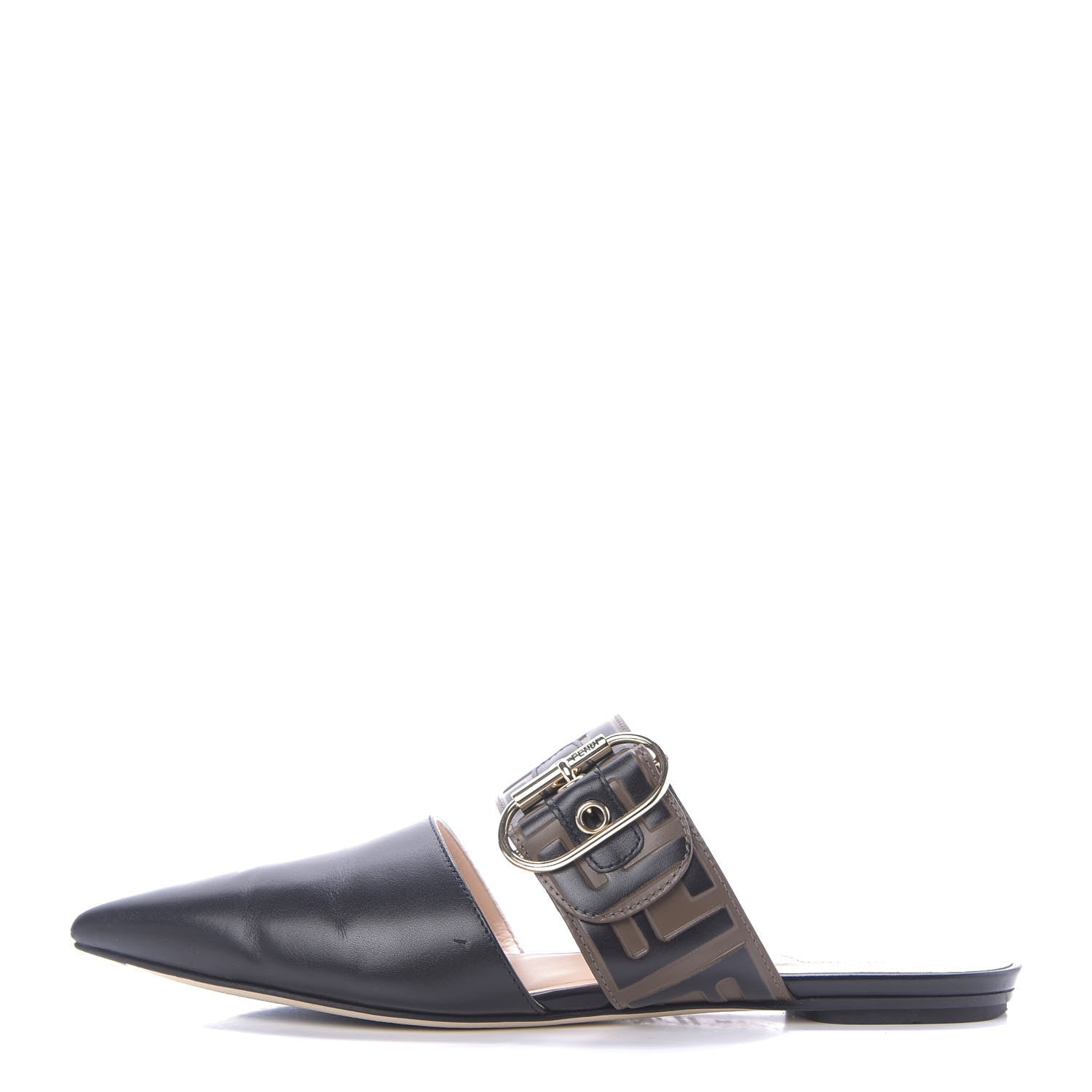Fendi Vitello FF Embossed Buckle Flat Mules 36 Maya Black 1 of 11