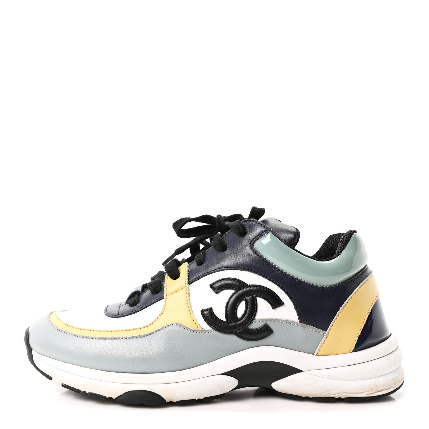 Chanel Calfskin Patent CC Sneakers 38 White Blue Yellow 1 of 9