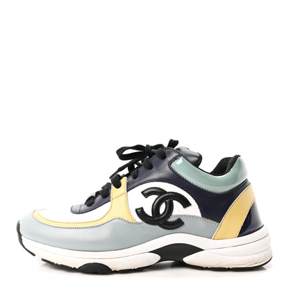 Chanel Calfskin Patent CC Sneakers 38 White Blue Yellow 1 of 9