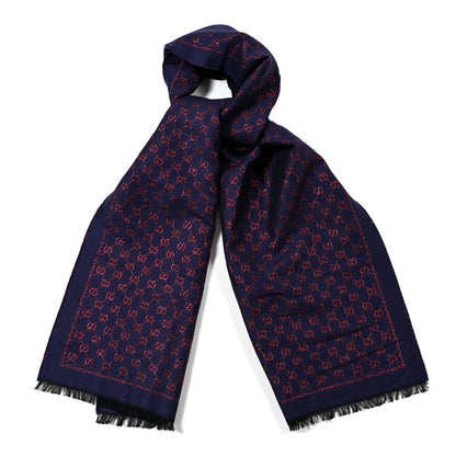 Gucci Wool Silk Jacquard GG Monogram Stenix Scarf Navy Red 1 of 5