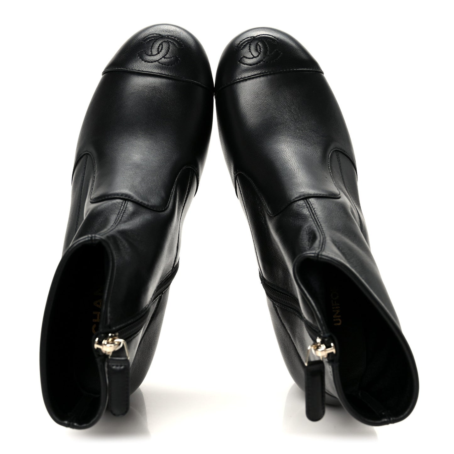Stretch Lambskin Cap Toe CC Uniform Short Boots 38 Black