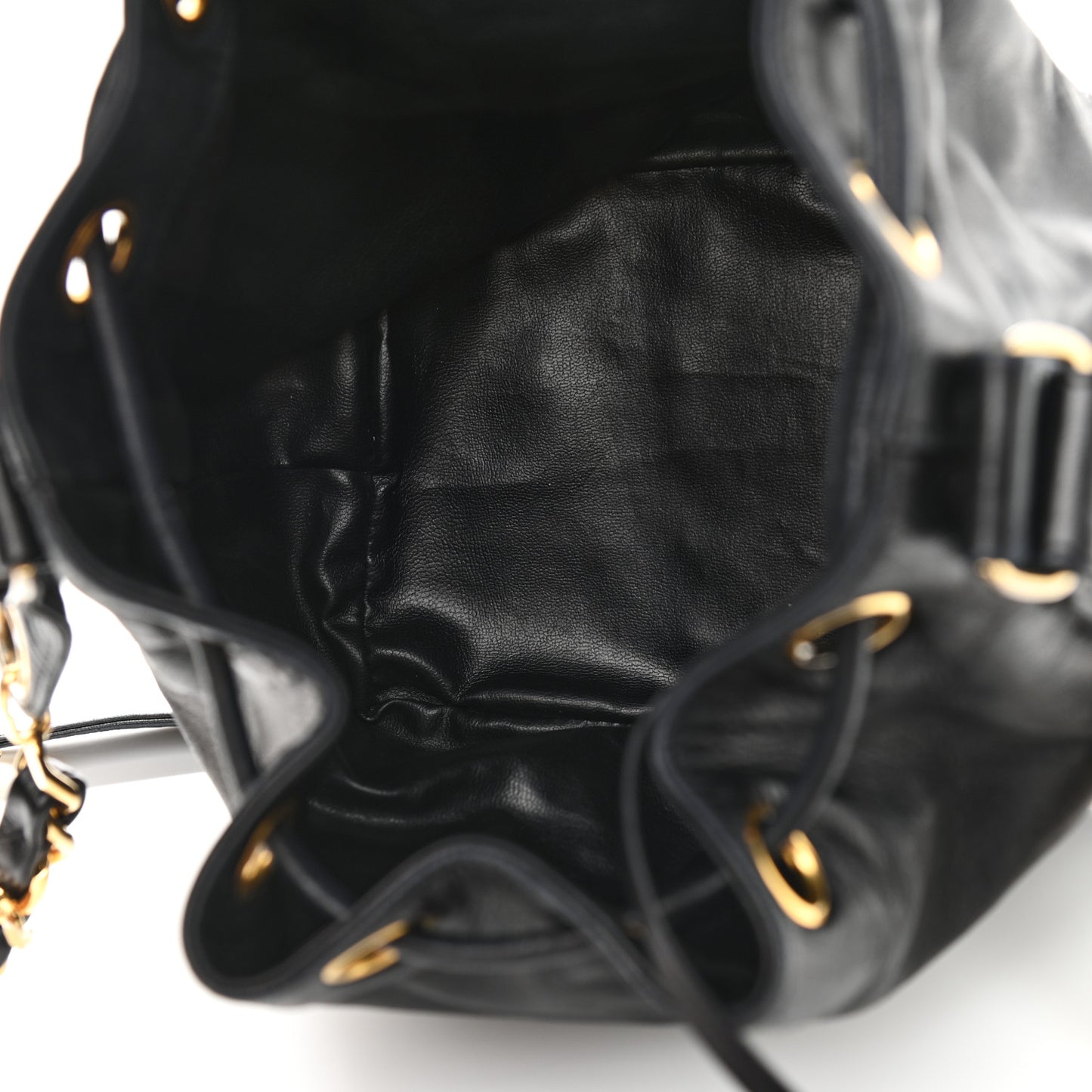 Lambskin CC Stitched Drawstring Bucket Bag Black