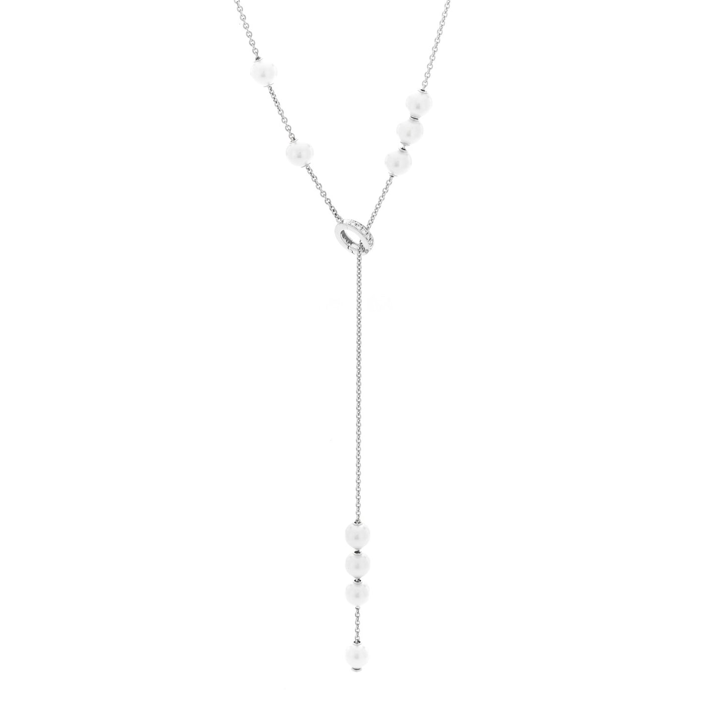 18K White Gold Diamond Akoya Cultured Pearl 7-7.5mm Pearls in Motion Lariat Necklace