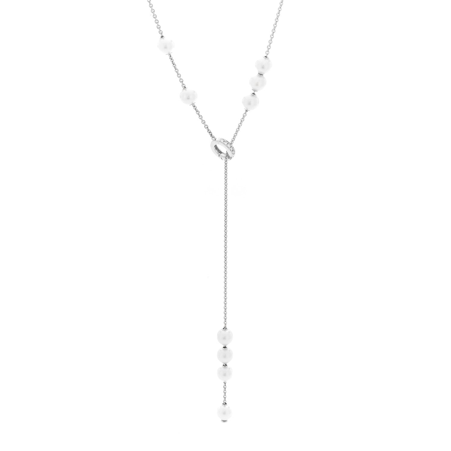 Mikimoto 18K White Gold Diamond Akoya Cultured Pearl 7-7.5mm Pearls in Motion Lariat Necklace 1 of 4