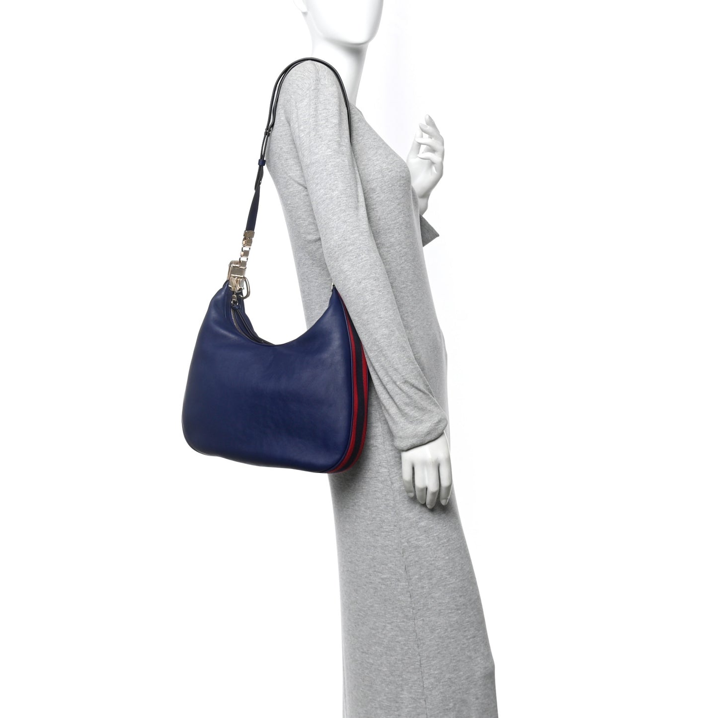 Aria Calfskin Web Large Attache Shoulder Bag Navy