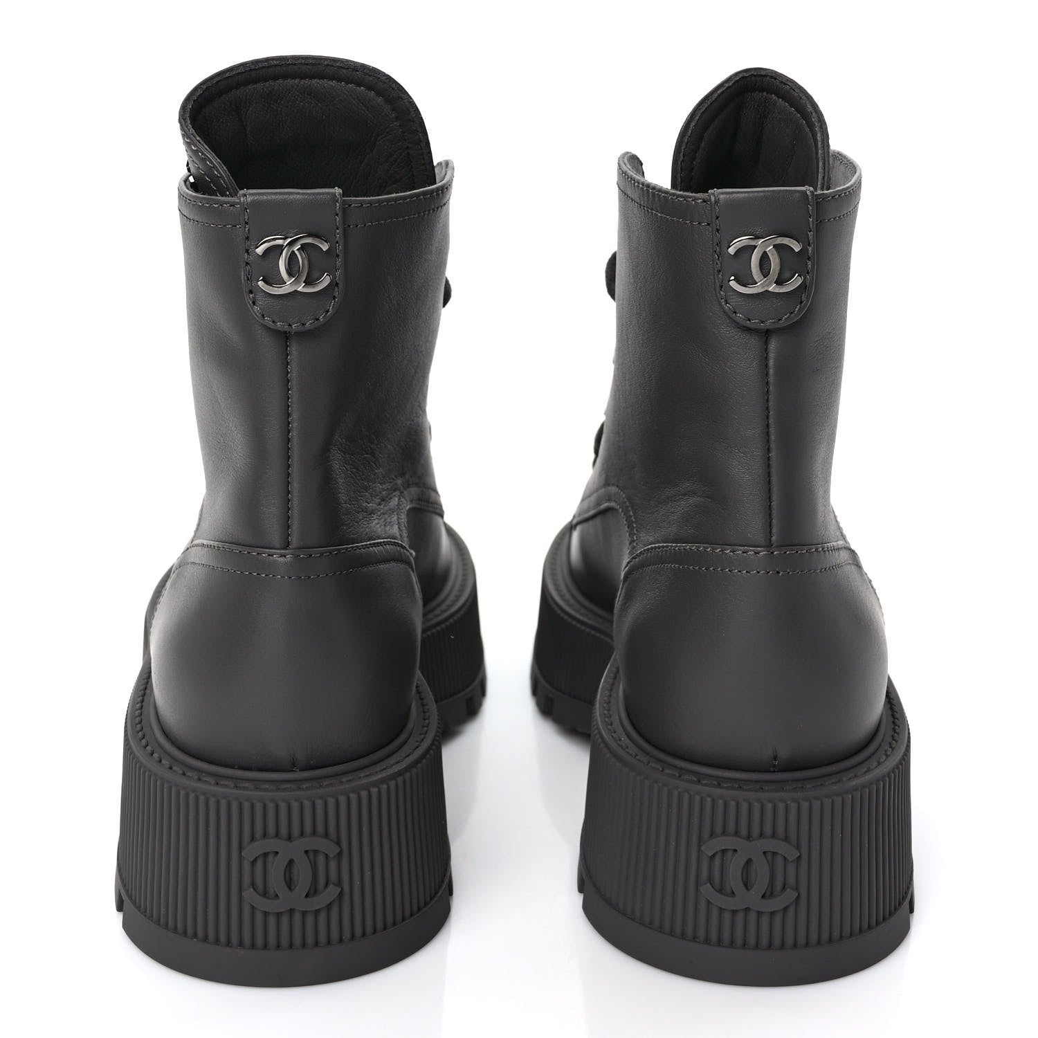 Chanel Calfskin CC Lace Up Combat Boots 37 Gray 5 of 10