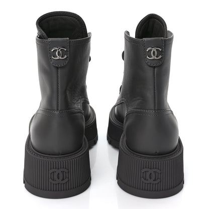 Chanel Calfskin CC Lace Up Combat Boots 37 Gray 5 of 10