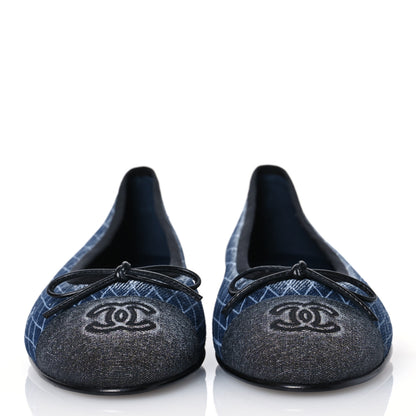 Chanel Denim Printed Quilt CC Cap Toe Ballerina Flats 38.5 Navy Blue Dark Grey 2 of 12