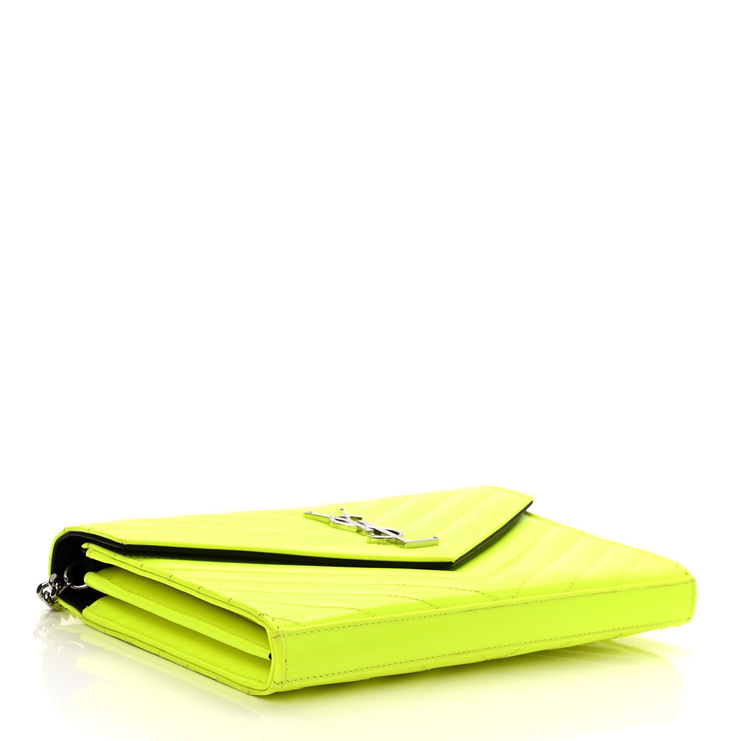 Saint Laurent Patent Grain De Poudre Matelasse Chevron Monogram Chain Wallet Neon Yellow 4 of 10
