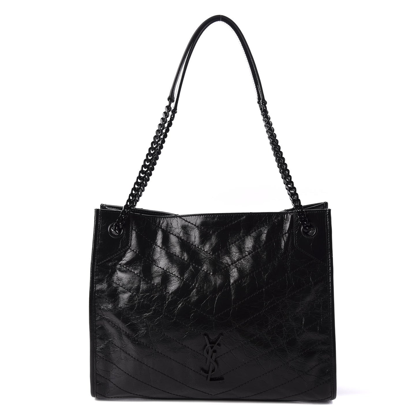 Crinkled Calfskin Matelasse Monogram Large Niki Shopper Tote Black