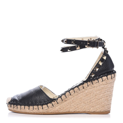 Valentino Garavani Grained Calfskin Rockstud Ankle Wrap Espadrille 15/85mm Wedges 38 Black Light Ivory 1 of 10