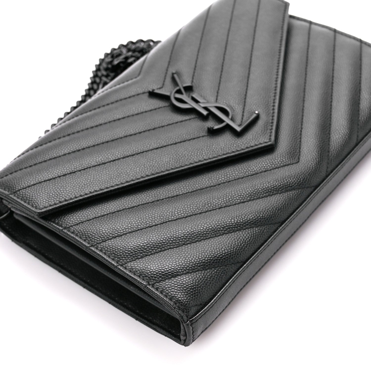 Saint Laurent Grain De Poudre Matelasse Chevron Monogram Monochrome Chain Wallet Black 10 of 13