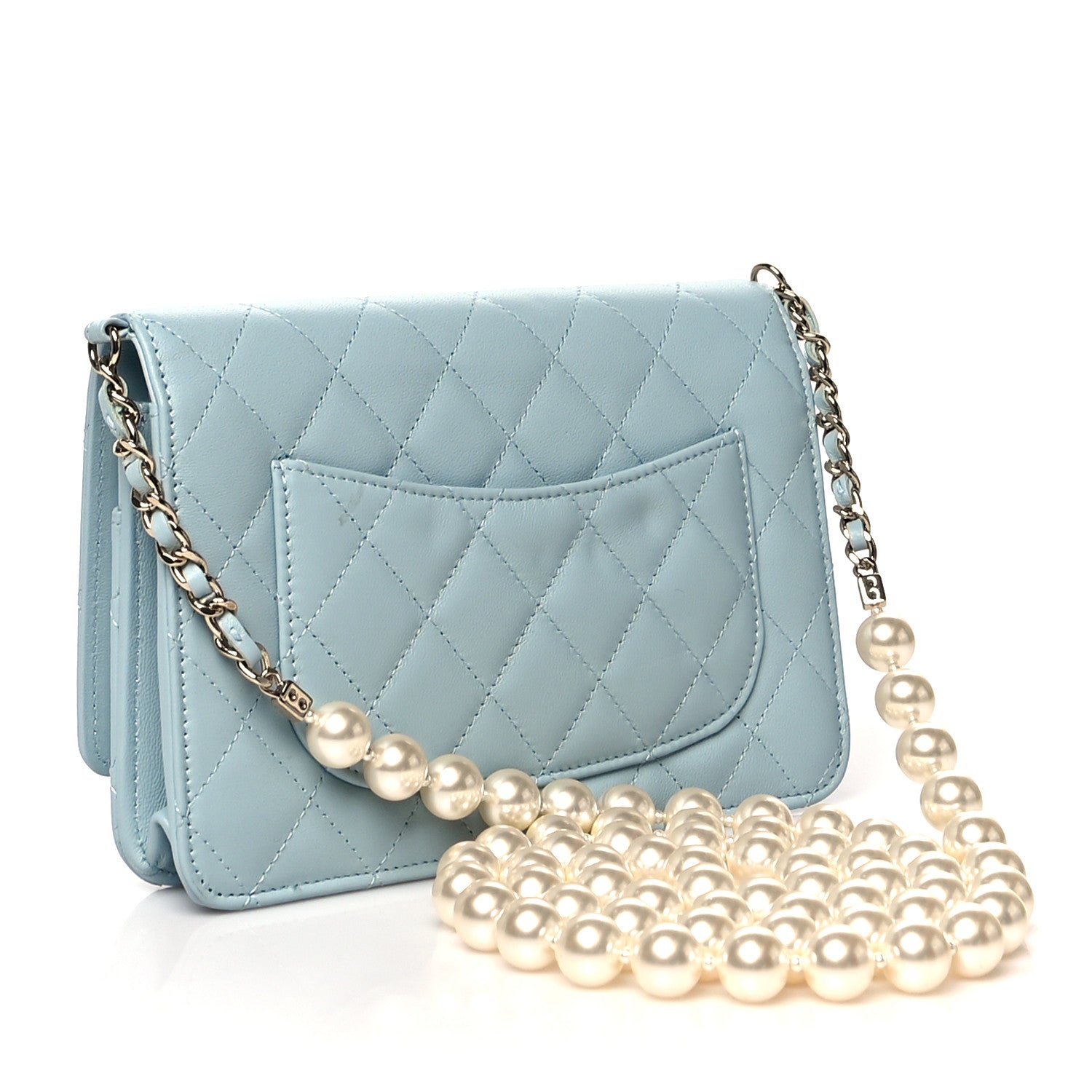 Chanel Lambskin Quilted Pearl Wallet On Chain WOC Light Blue 3 of 12