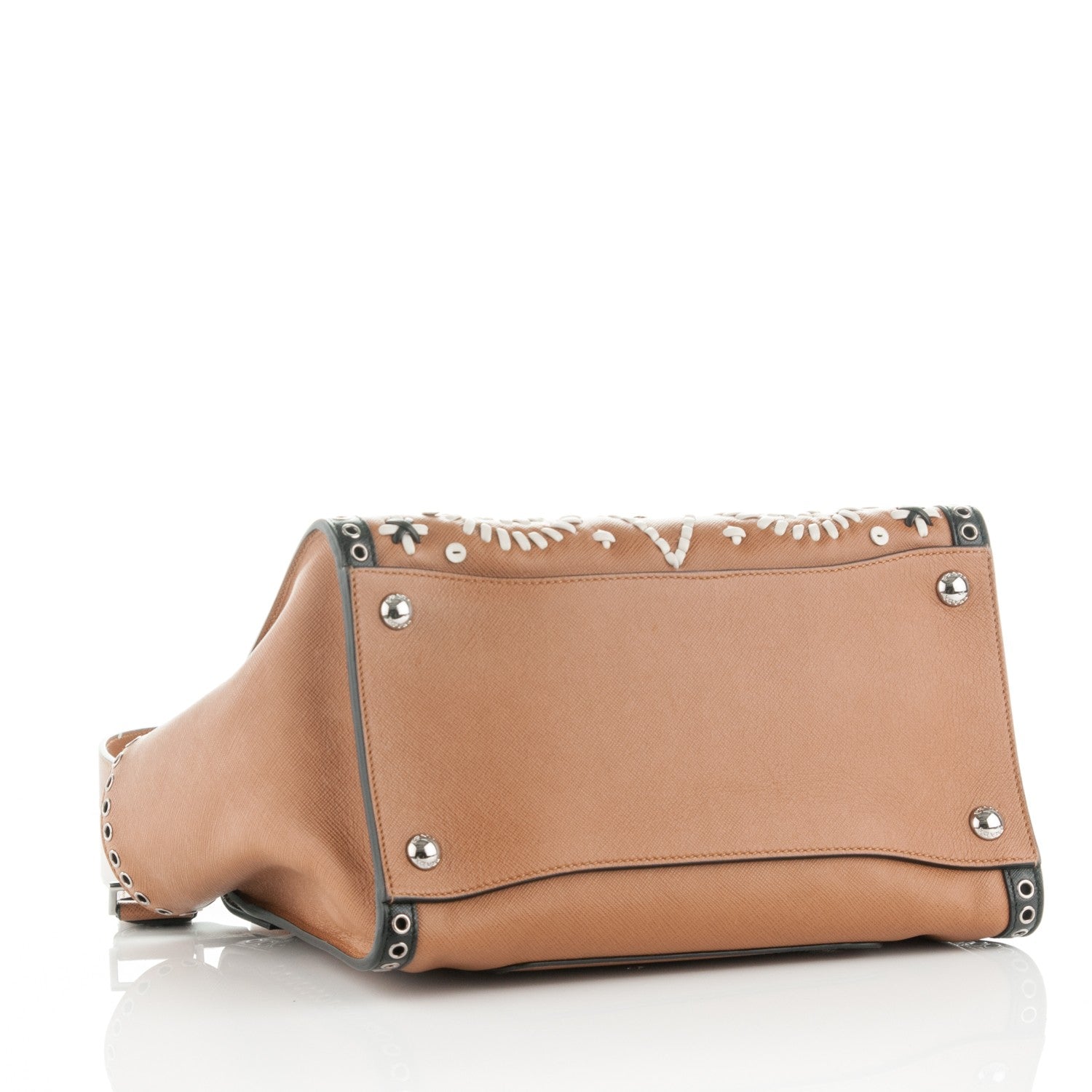 Prada Saffiano Embroidered Pattina Sound Twin Pocket Satchel Caramel 4 of 8