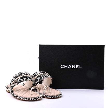 Chanel Raffia Lambskin Woven Chain CC Toe Ring Sandals 39.5 Black Beige 9 of 10