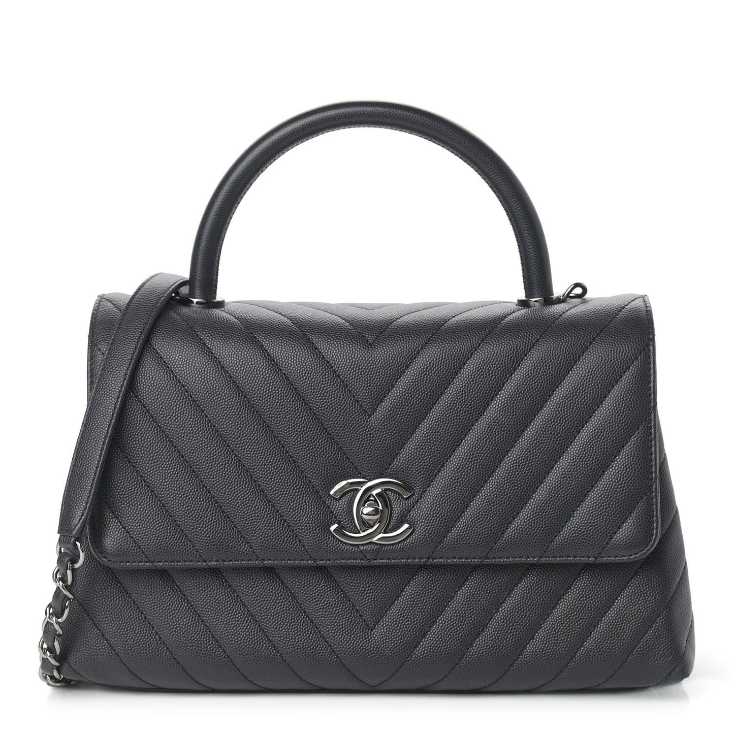 Caviar Chevron Quilted Small Coco Handle Flap Dark Grey