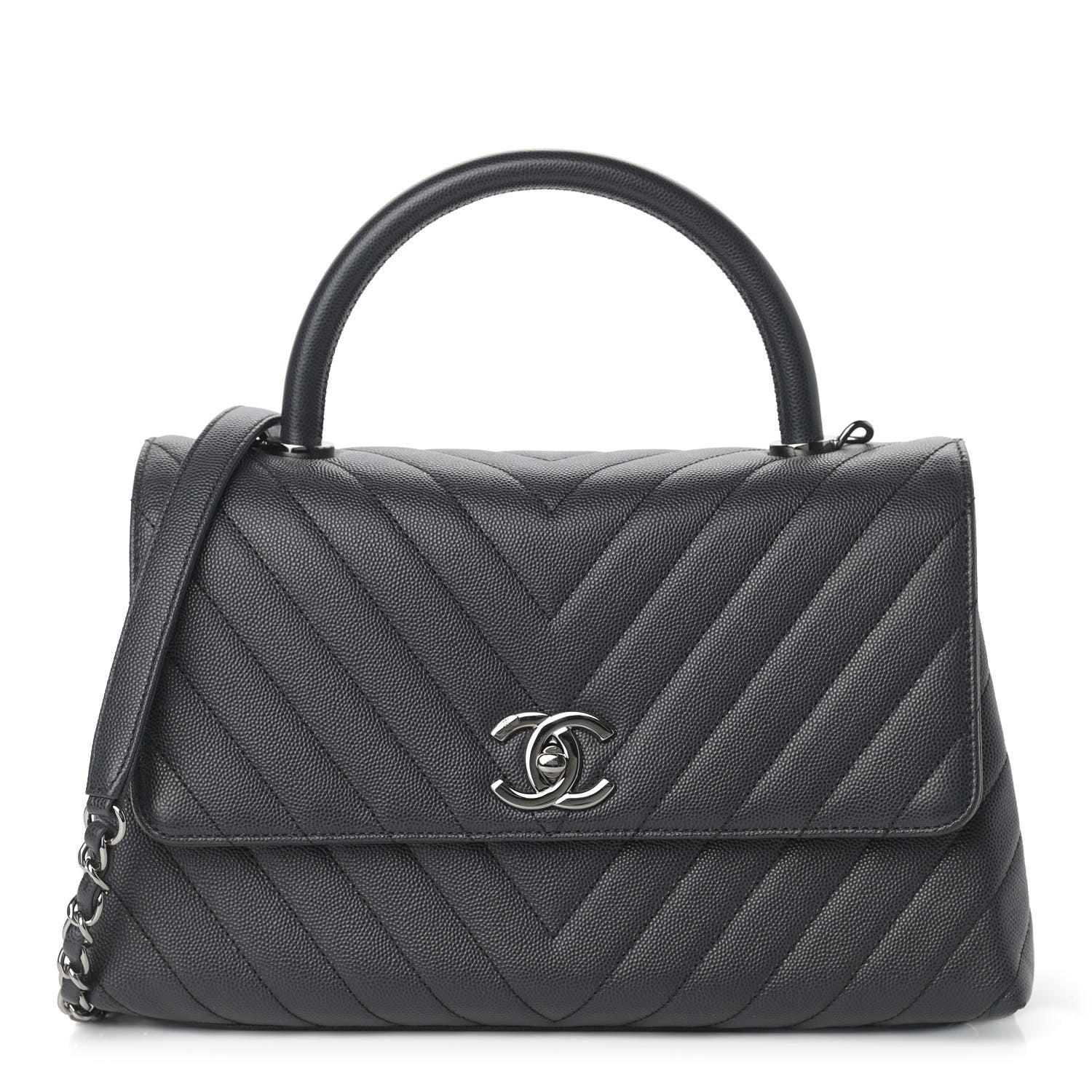Chanel Caviar Chevron Quilted Small Coco Handle Flap Dark Grey 1 of 9