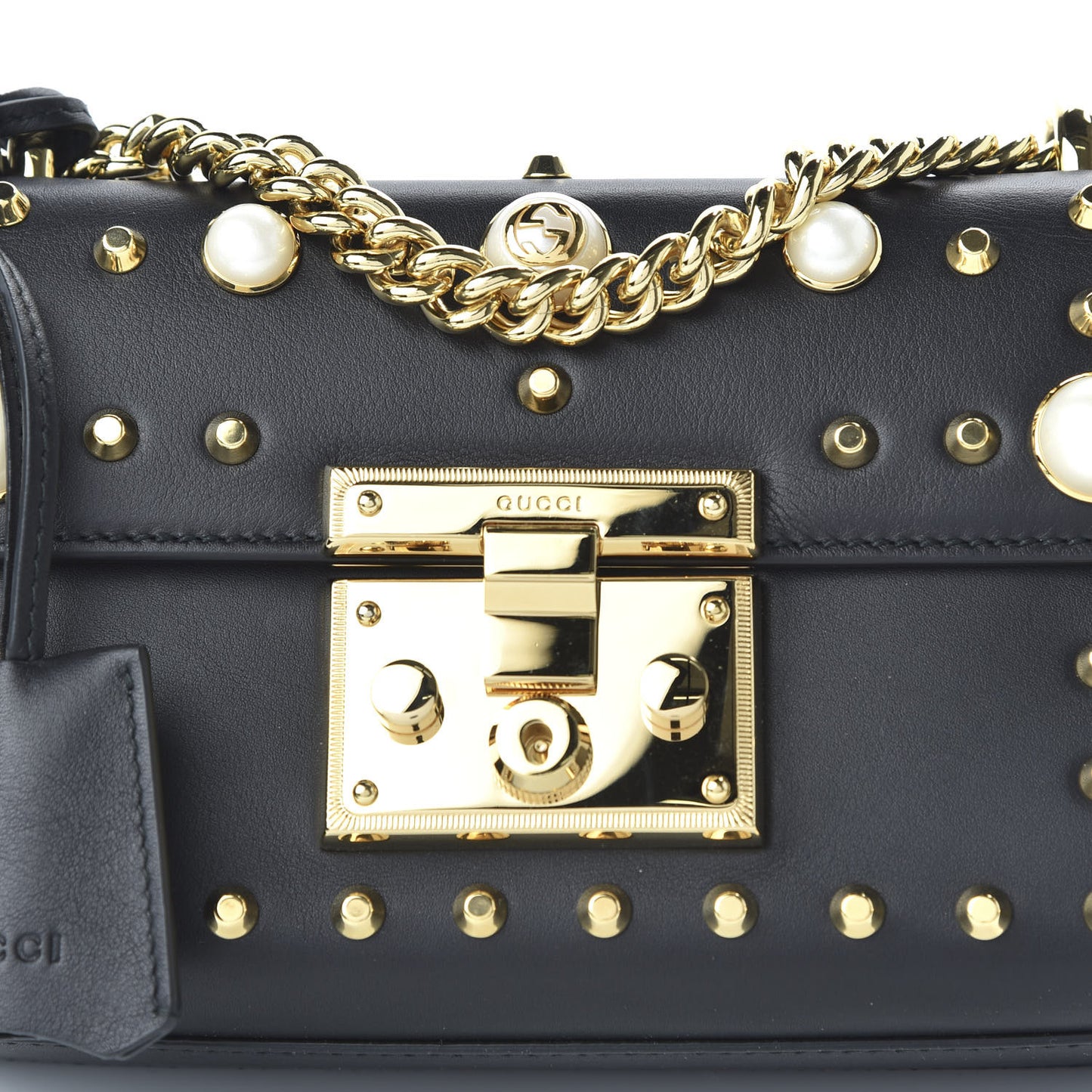 Calfskin Studded Small Padlock Shoulder Bag Black