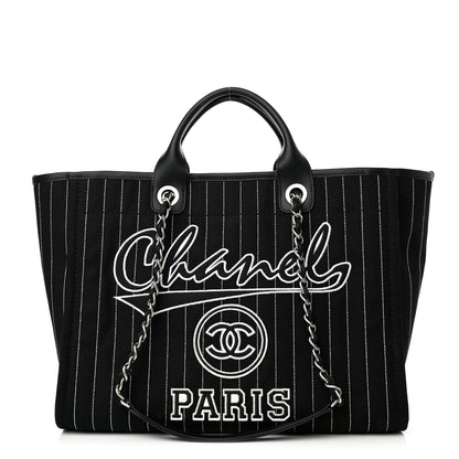 Chanel Canvas Calfskin Striped Medium Deauville Tote Black White 1 of 11