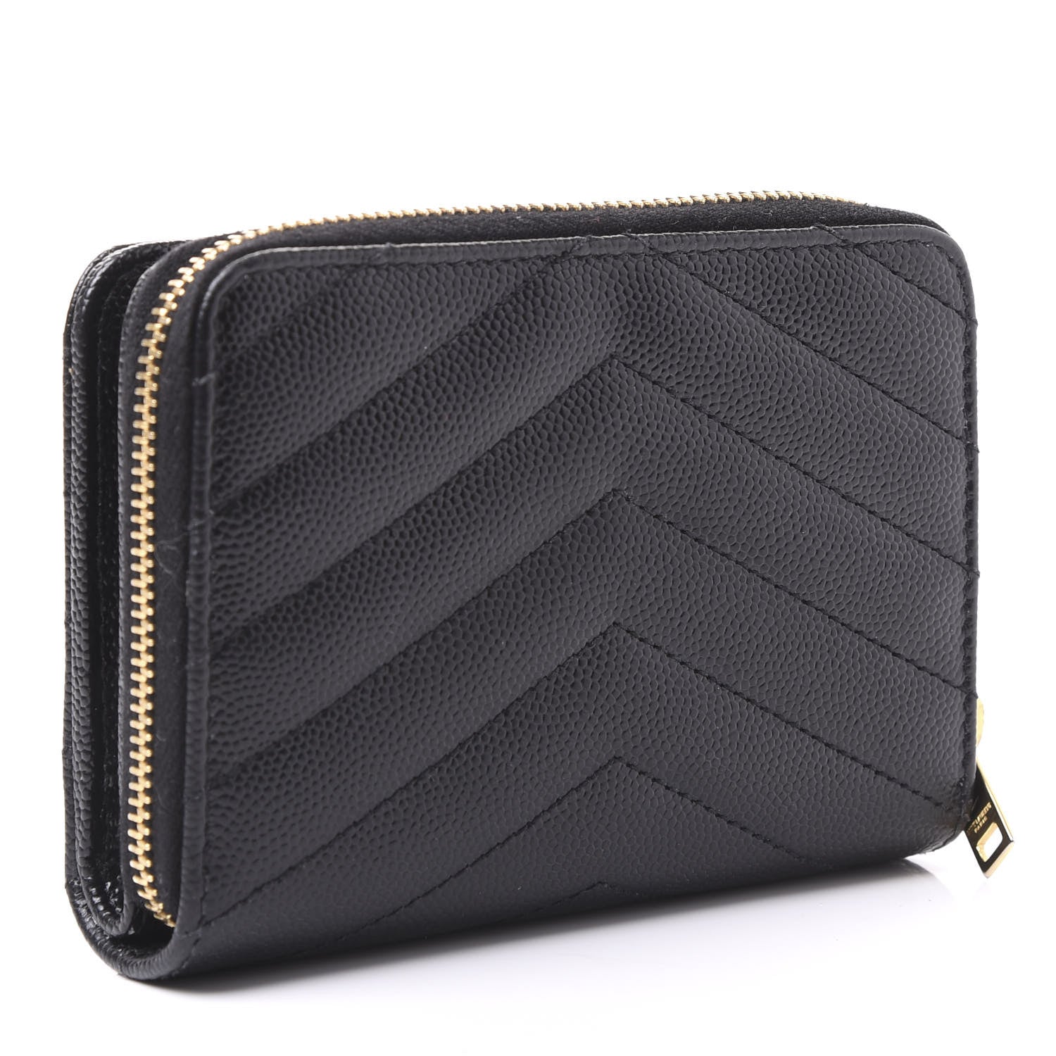 Saint Laurent Grain De Poudre Matelasse Chevron Monogram Compact Zip Around Wallet Black 2 of 11
