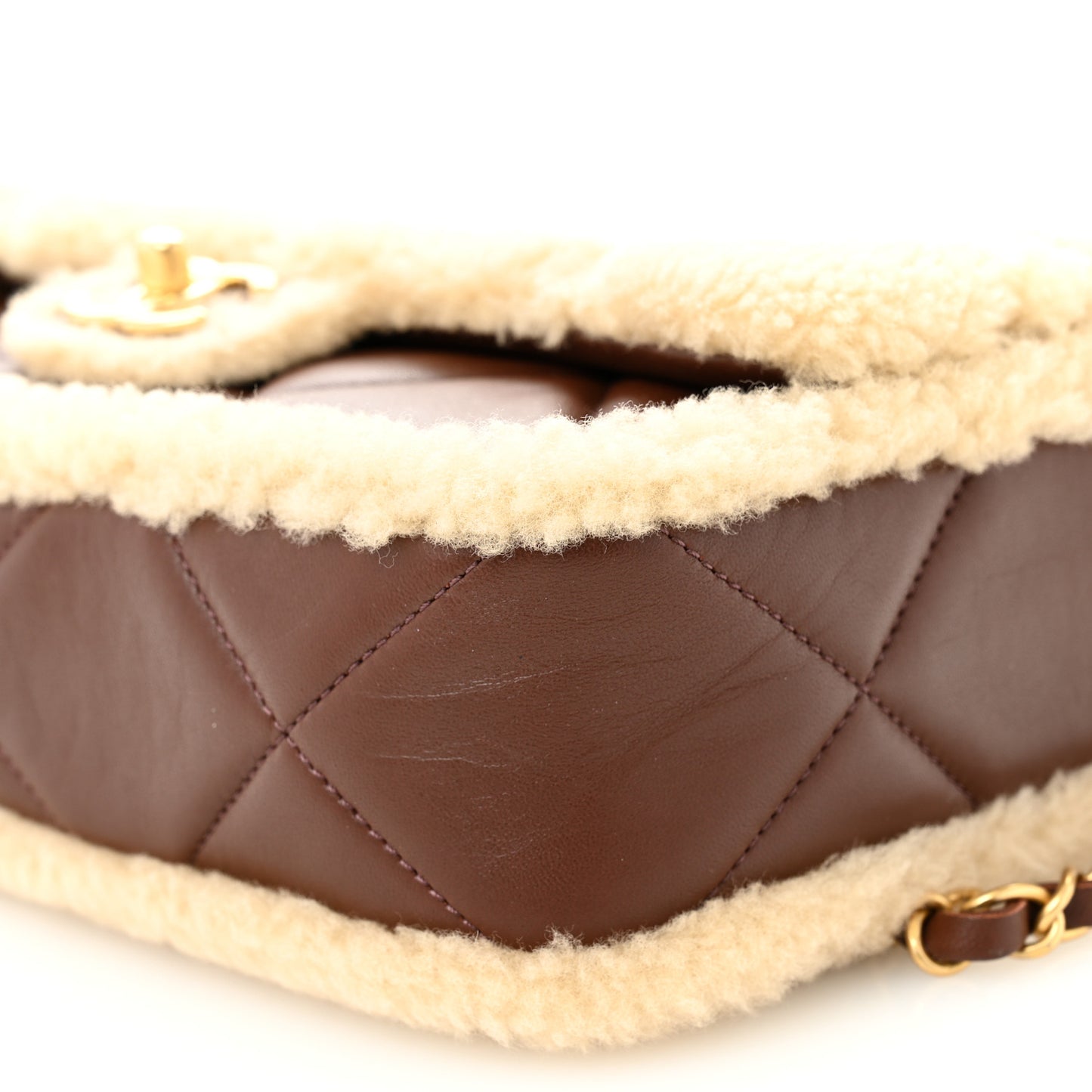 Shearling Lambskin Quilted Furry Coco Flap Beige Dark Brown