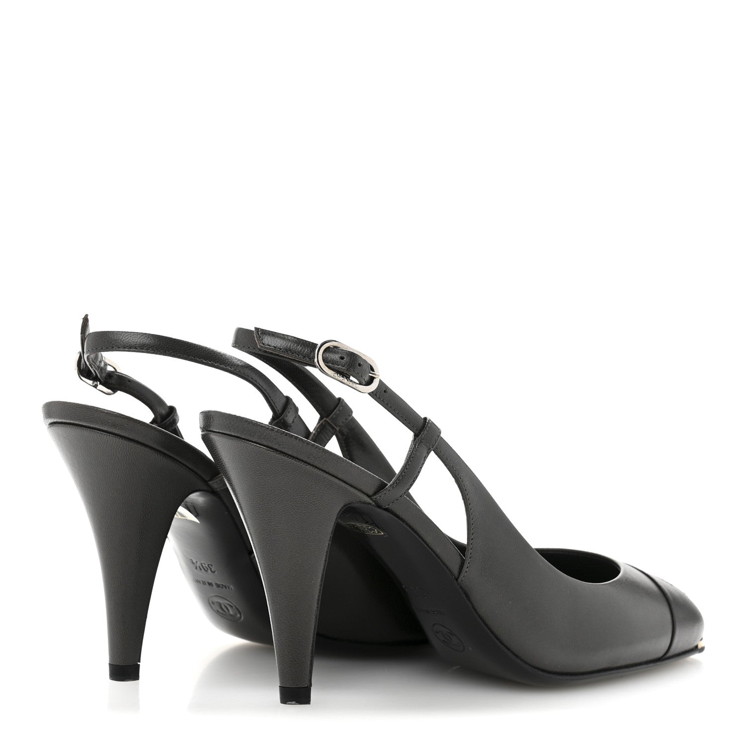Chanel Lambskin Cap Toe CC Slingback Heels 39.5 Dark Grey Black 5 of 12
