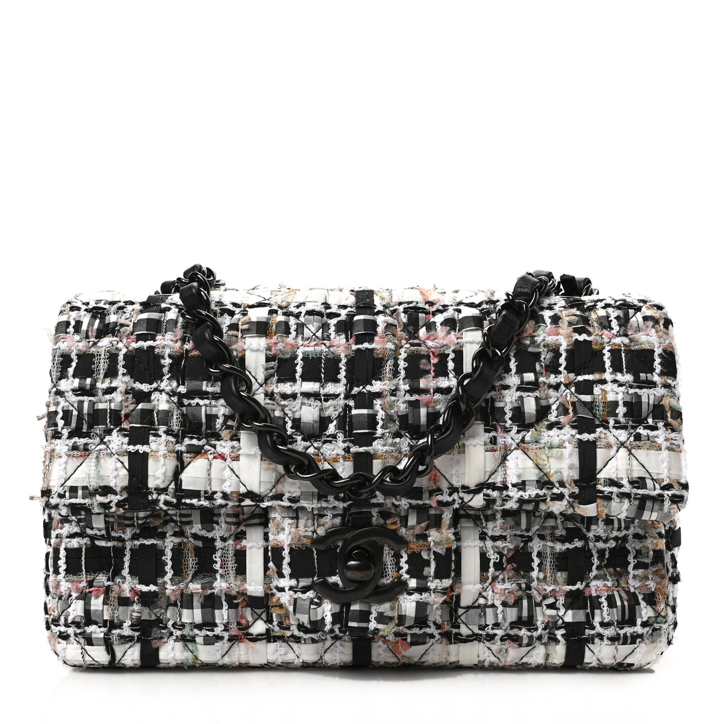 Tweed Quilted Mini Rectangular Flap White Black Multicolor