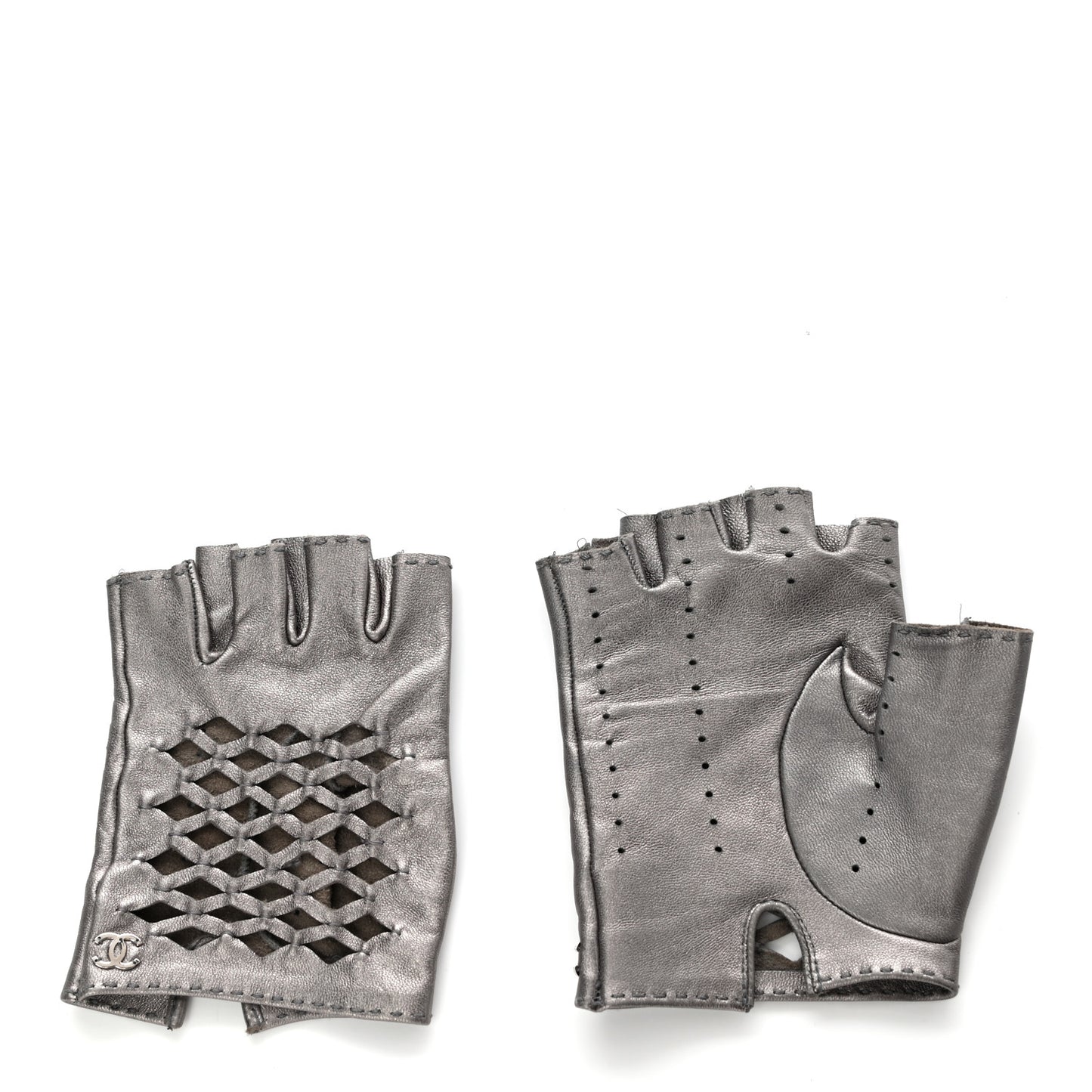 Metallic Lambskin Fingerless Woven CC Gloves 7.5 Silver