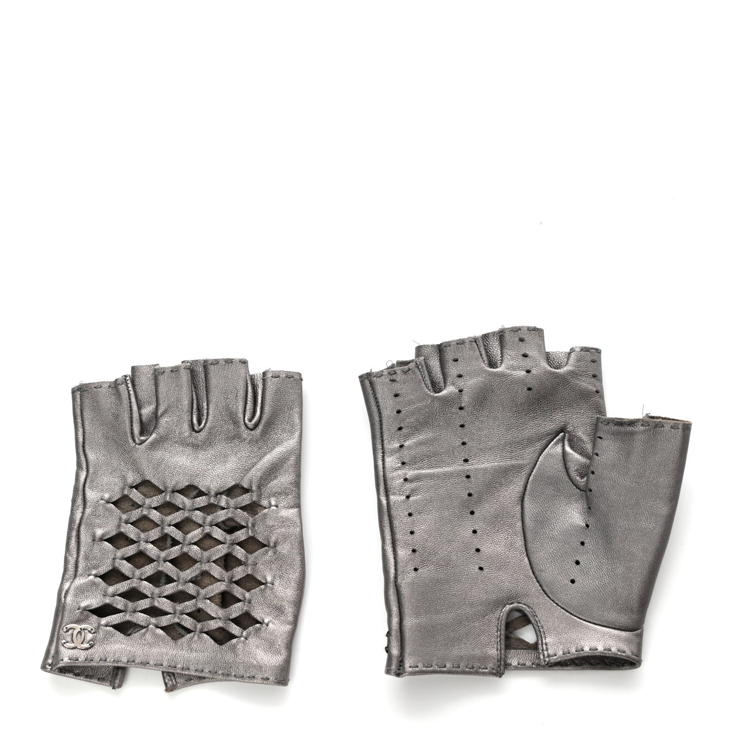 Chanel Metallic Lambskin Fingerless Woven CC Gloves 7.5 Silver 2 of 5