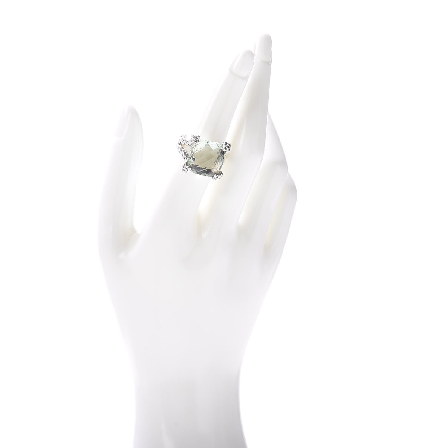 David Yurman Sterling Silver Diamond Prasiolite 15mm Cushion On Point Ring 54 6.75 2 of 5