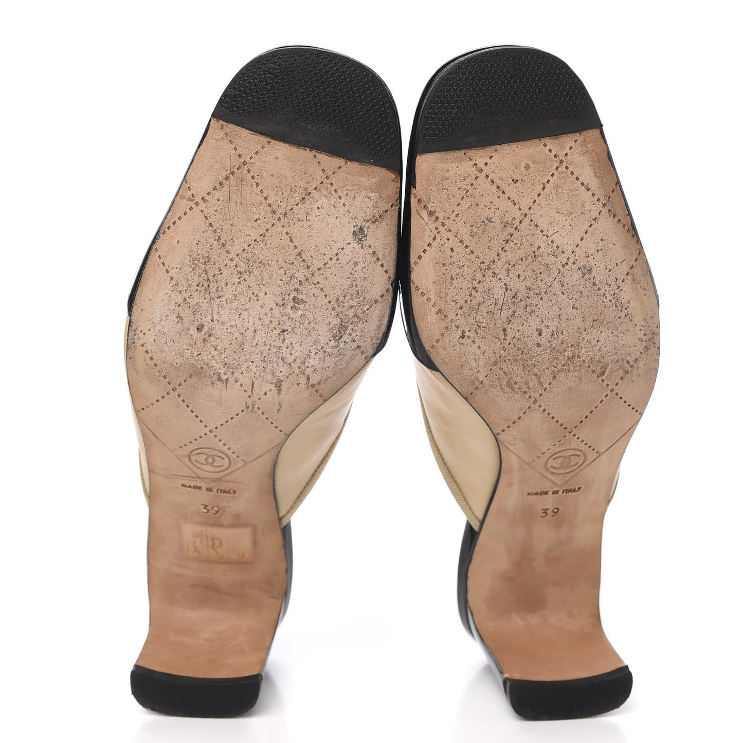 Lambskin Patent Cap Toe Bow CC Mules 39 Beige Black