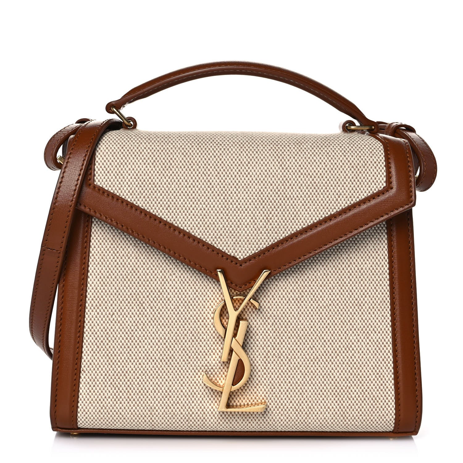 Saint Laurent Canvas Calfskin Mini Classic Monogram Cassandra Top Handle Tan Natural 1 of 10