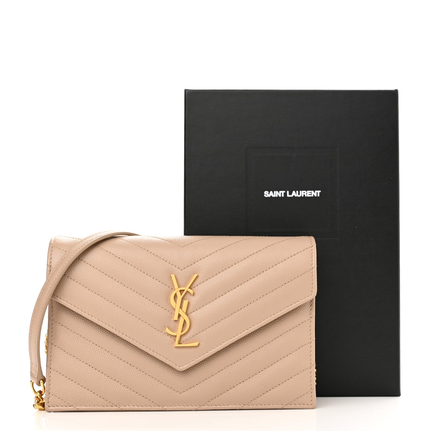 Grain De Poudre Matelasse Chevron Monogram Envelope Chain Wallet Dark Beige