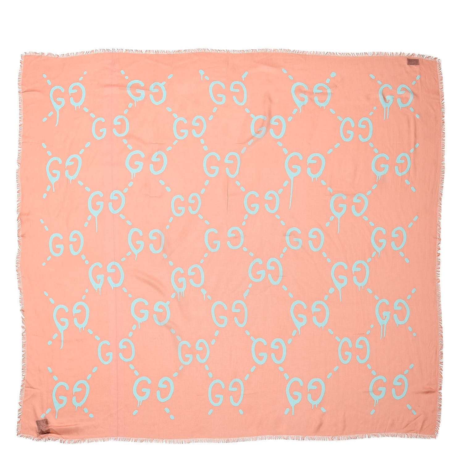 Gucci Modal Silk GG Writers Fringe Shawl Old Rose Sky Blue 1 of 4