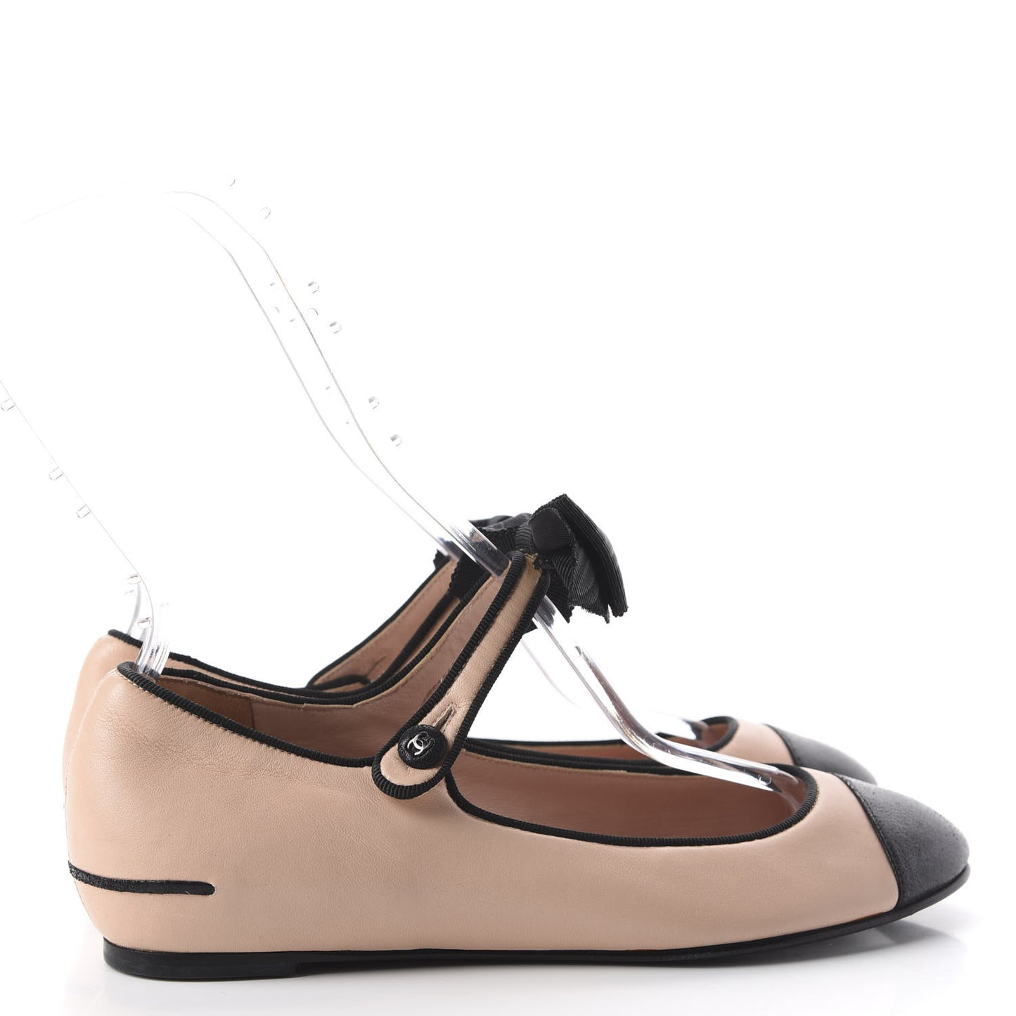 Lambskin Bow Mary Jane Ballerina Flats 38 Beige Black