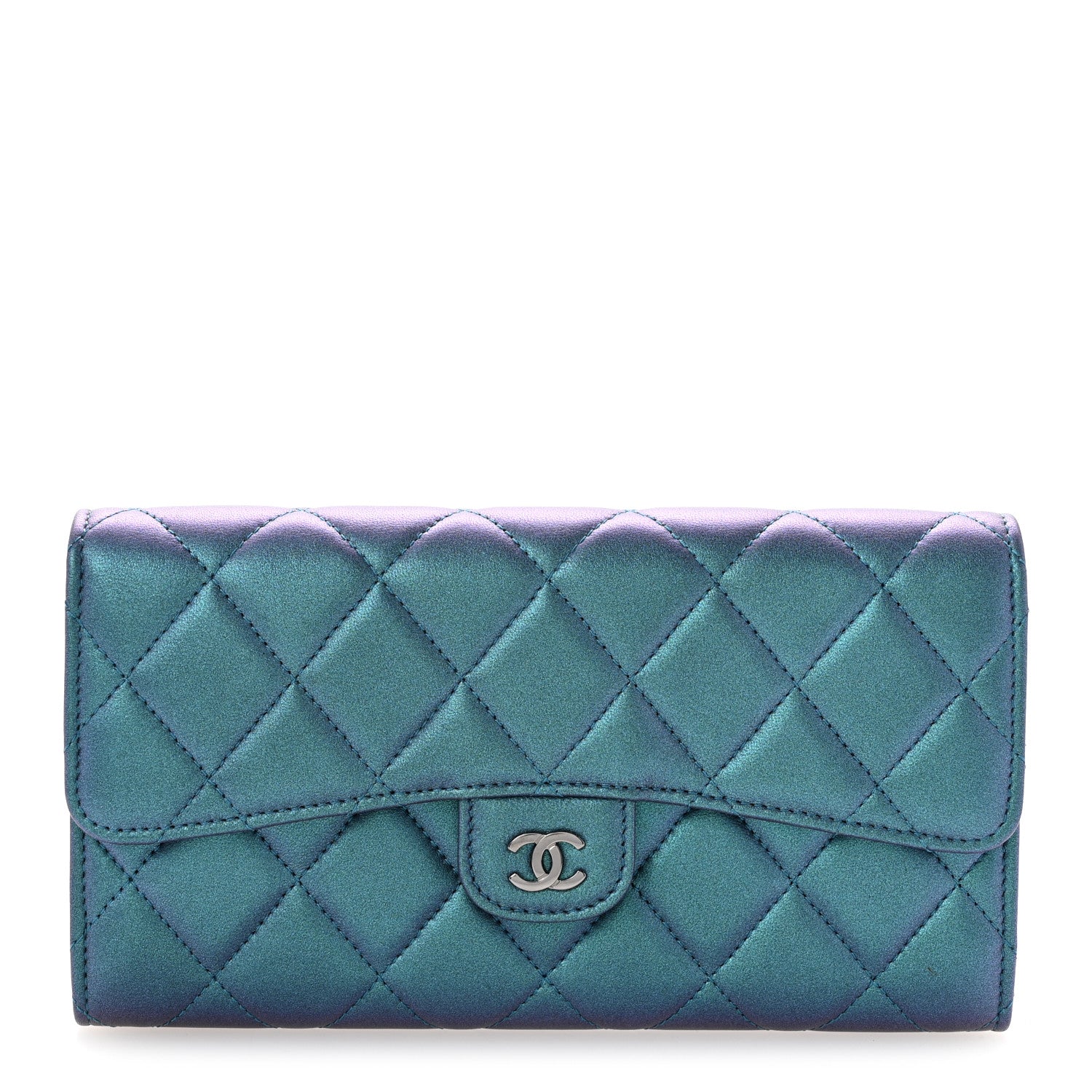 Chanel Metallic Lambskin Quilted Large Gusset Flap Wallet Turquoise 1 of 11