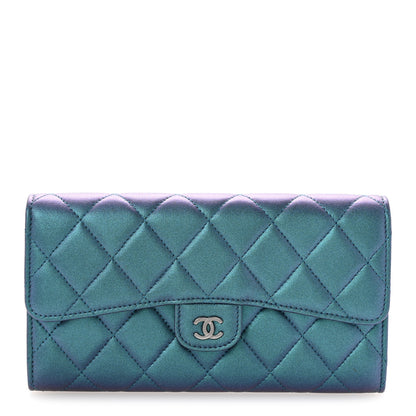 Chanel Metallic Lambskin Quilted Large Gusset Flap Wallet Turquoise 1 of 11