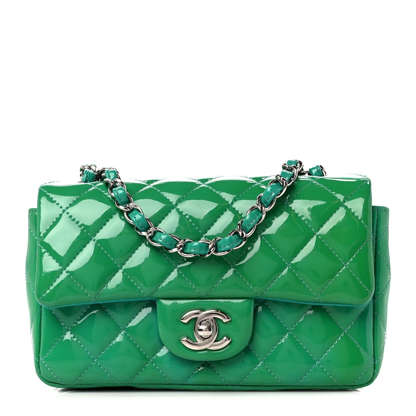 Patent Calfskin Quilted Mini Rectangular Flap Green