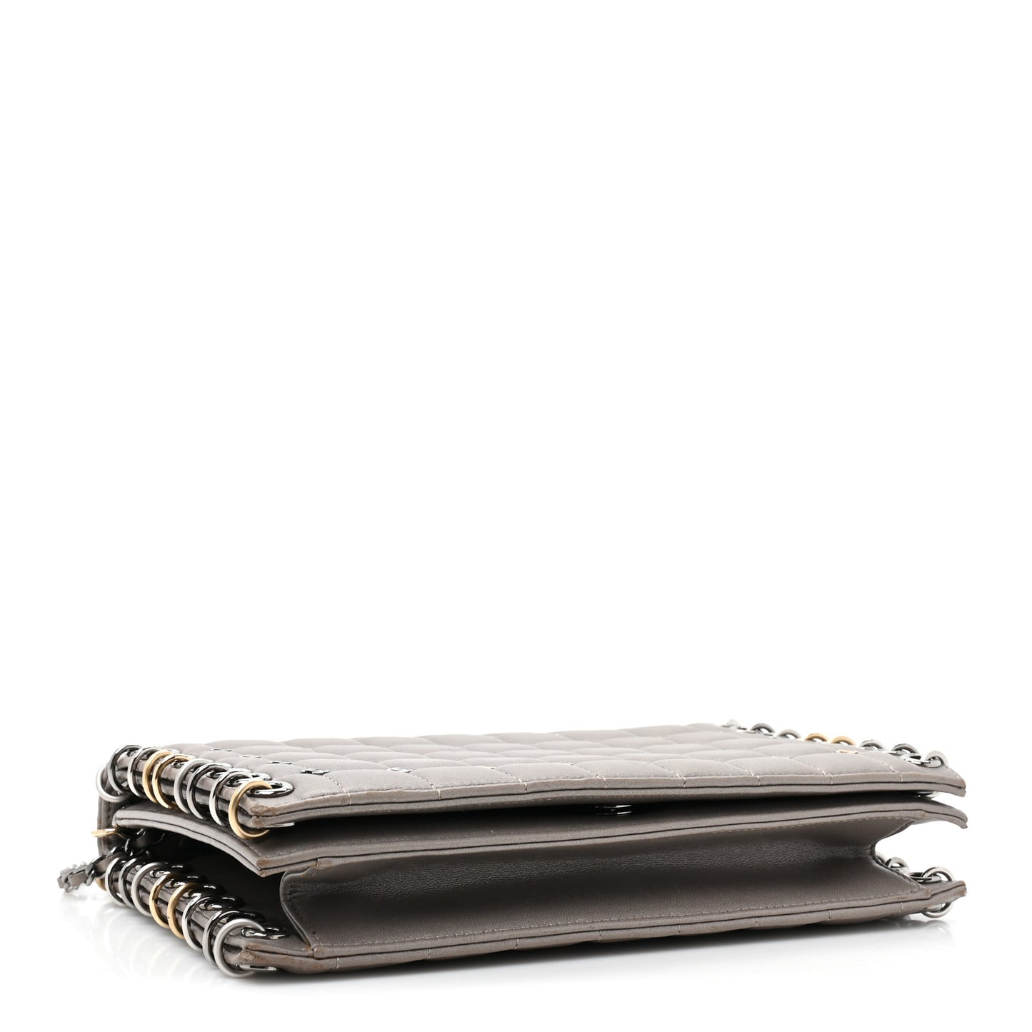 Lambskin Chocolate Bar Piercing CC Studded Small Chain Flap Bag Grey