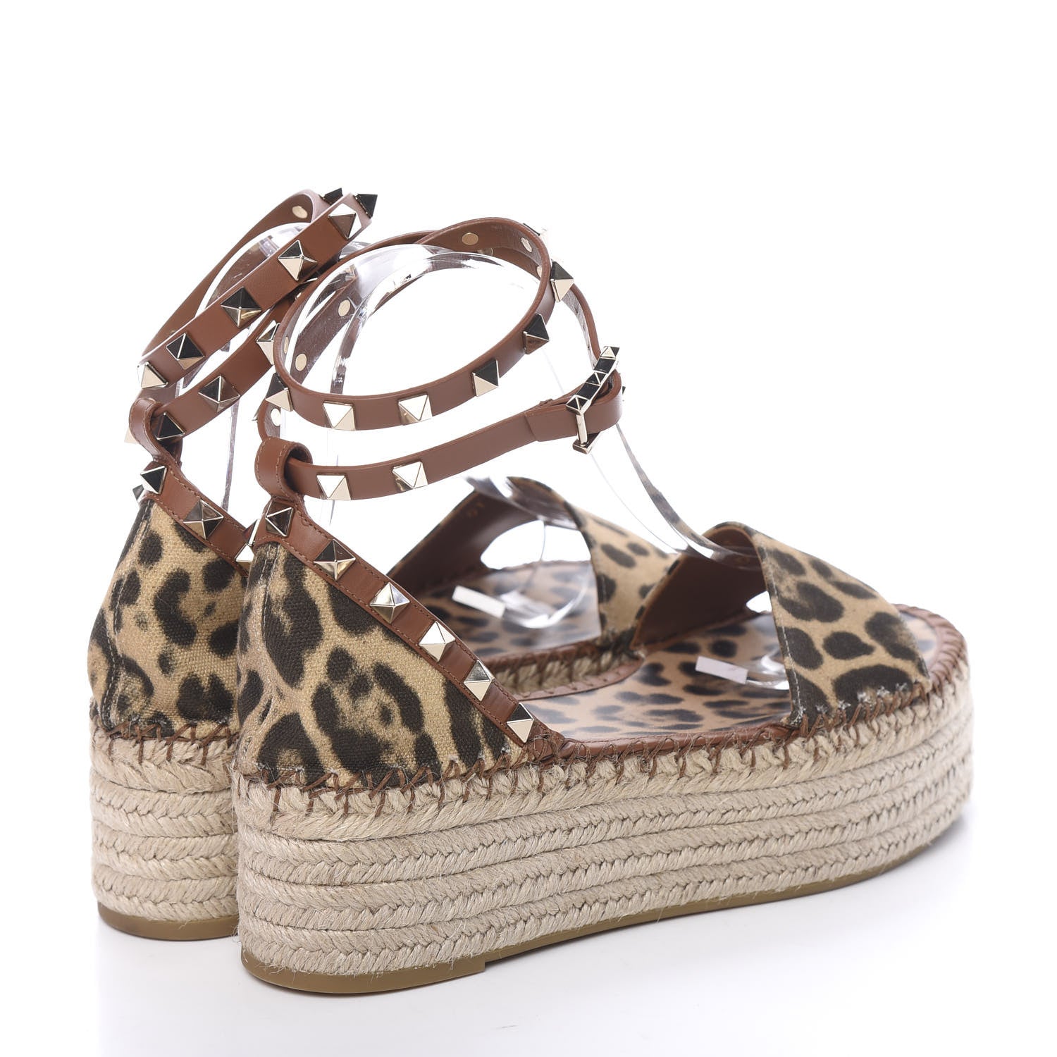 Valentino Garavani Canvas Leopard Print Rockstud Ankle Wrap Espadrille Flatform Sandals 37 Brown 4 of 13