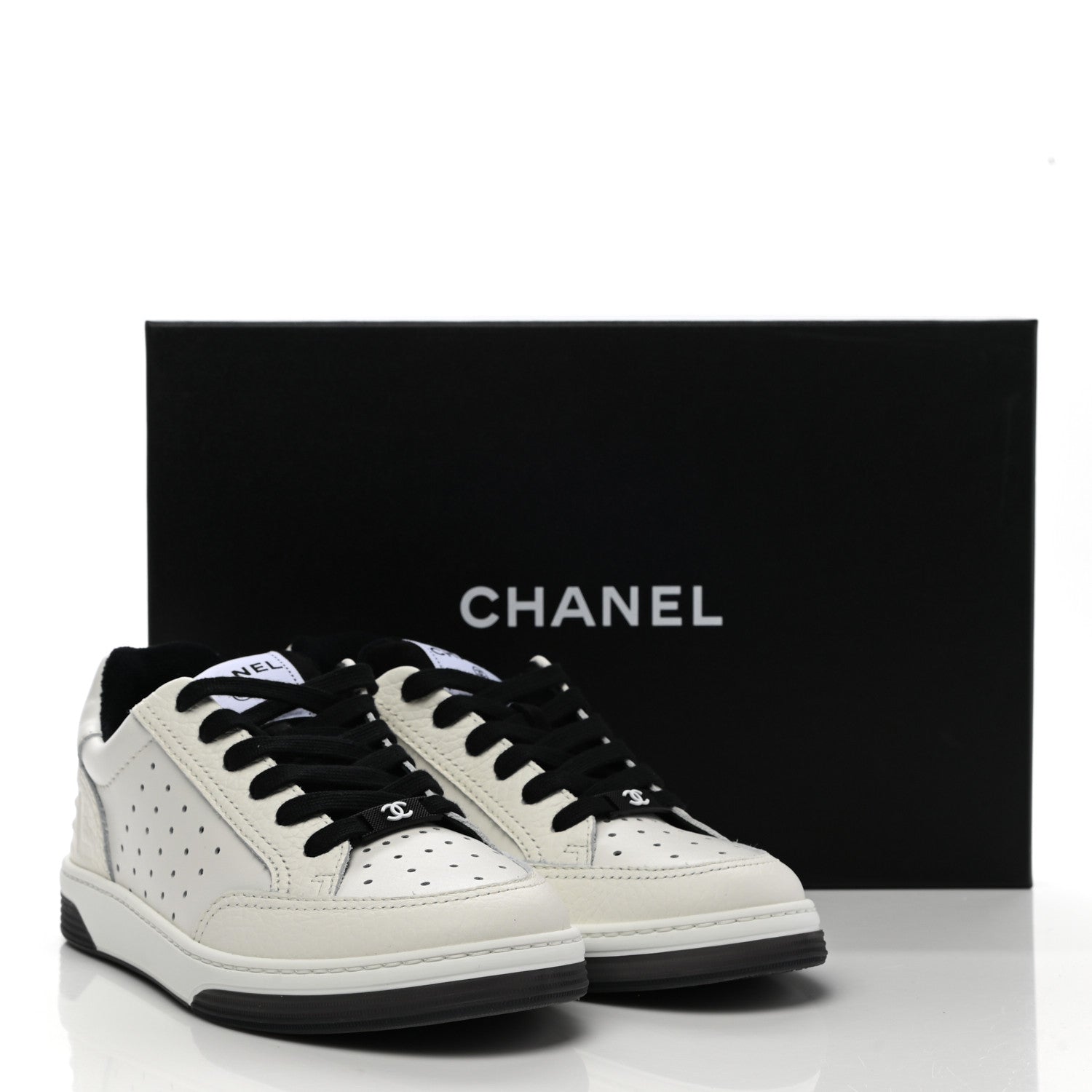 Chanel Grained Calfskin Fabric Womens Logo Sneakers 37 White Black 9 of 9